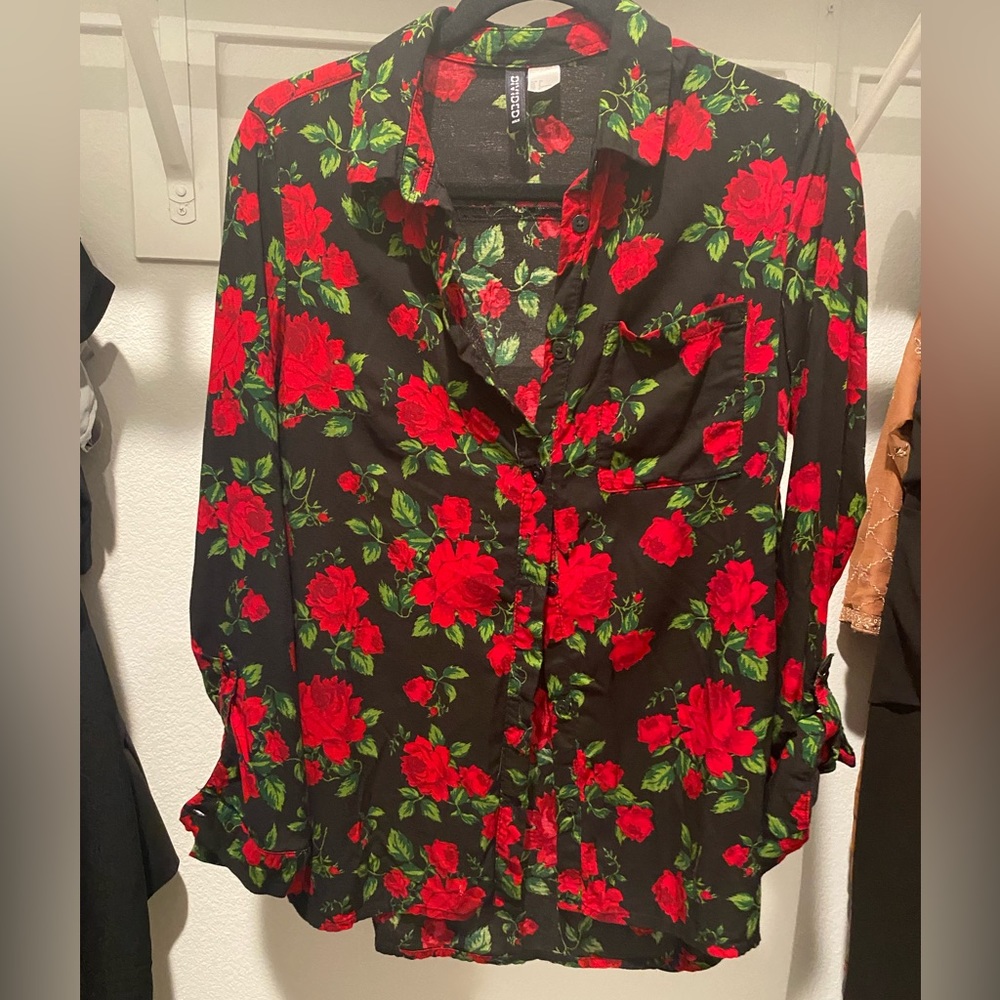 Red Roses floral button down shirt